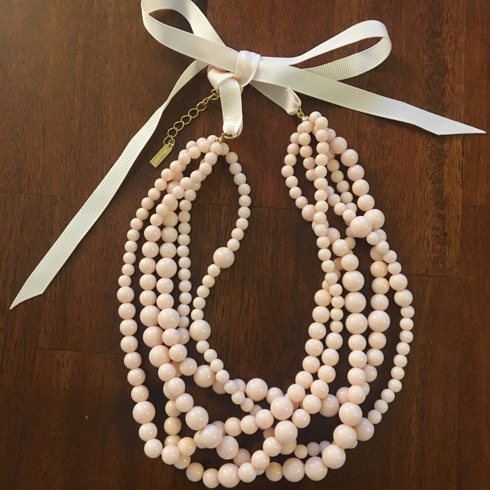 Light Pink Layered Beaded Necklace with Ribbon